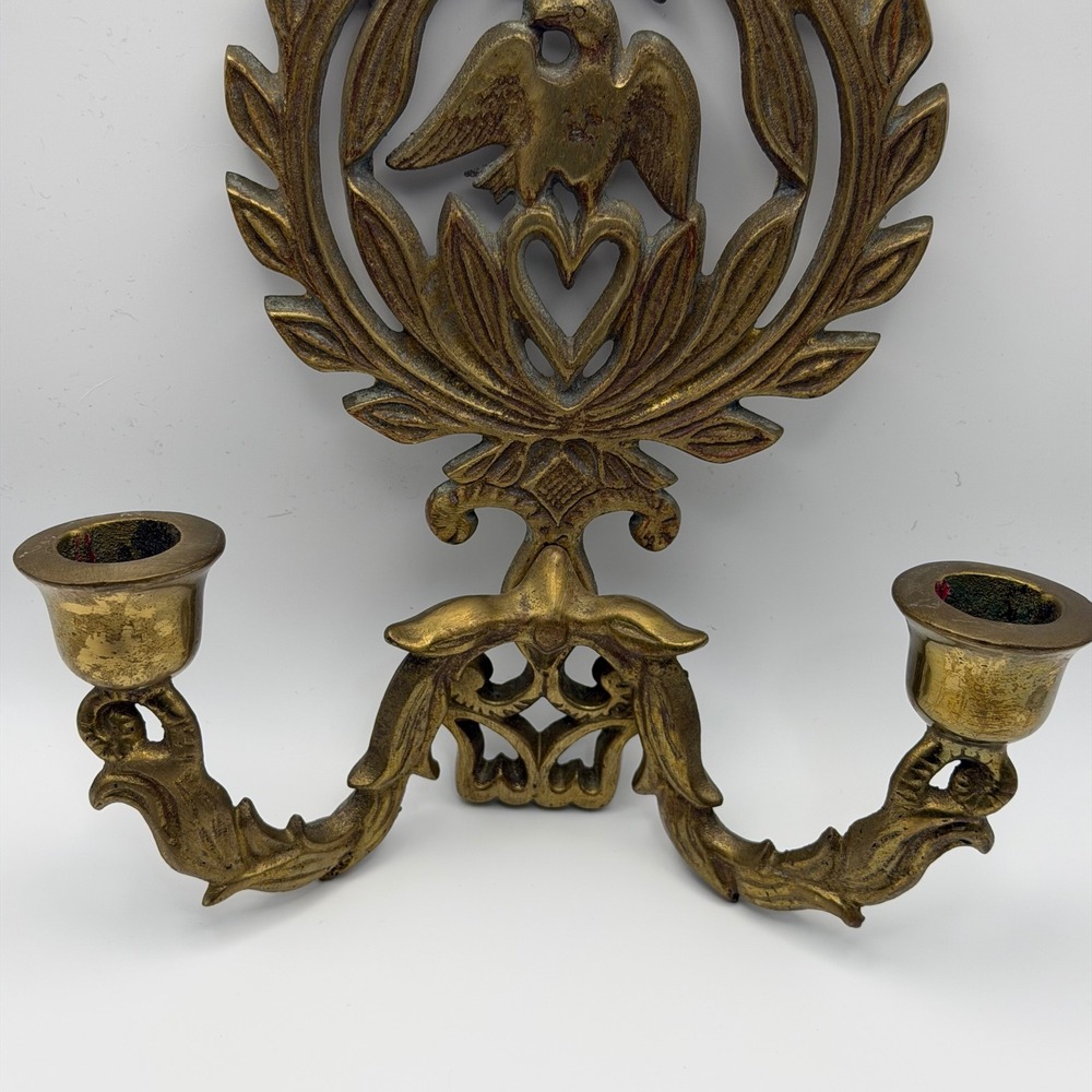 Vintage Brass Eagle Wall Sconce Federal Style Double Taper Candle Holder Heart - Picture 3 of 7